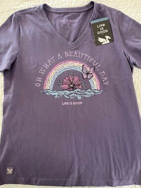 Life Is Good Lavender V‑Neck Tee with Pastel Rainbow & Floral Graphic